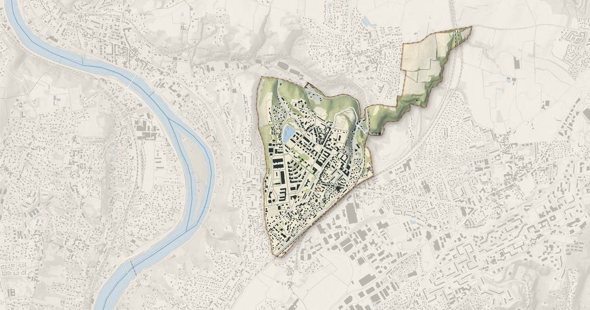 Portrait cartographique de Sathonay-Camp : relief, eau, forêts, bâti et voies, calculés à partir des données de l'IGN
