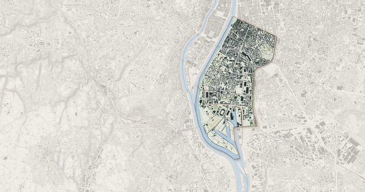 Portrait cartographique de Lyon 7e Arrondissement : relief, eau, forêts, bâti et voies, calculés à partir des données de l'IGN