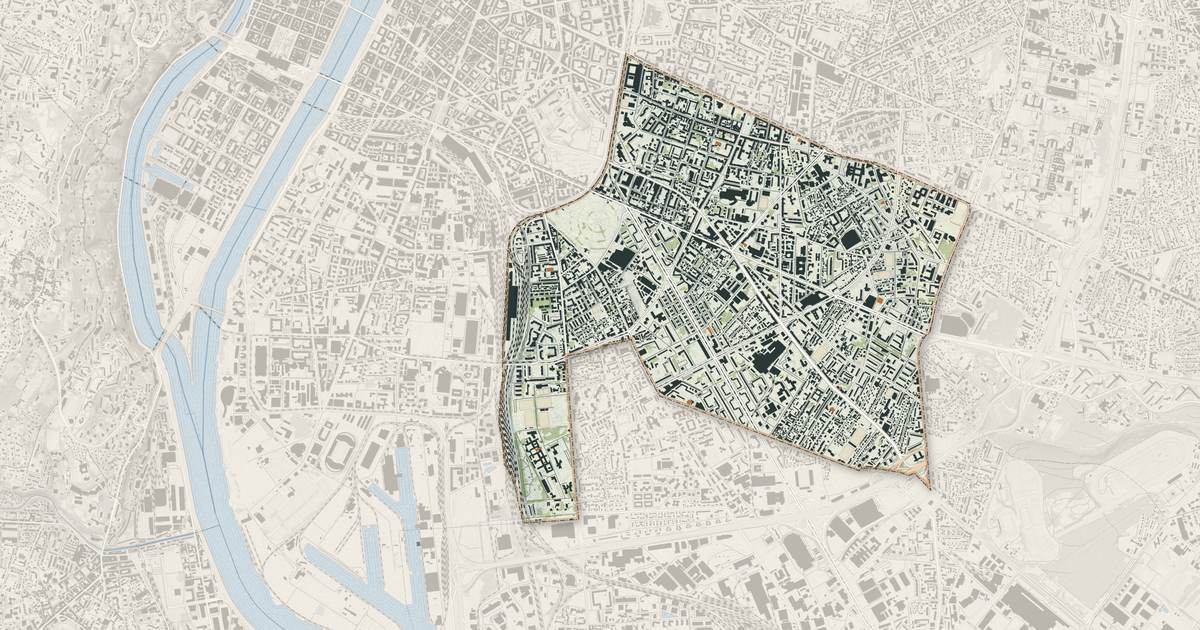 Portrait cartographique de Lyon 8e Arrondissement : relief, eau, forêts, bâti et voies, calculés à partir des données de l'IGN
