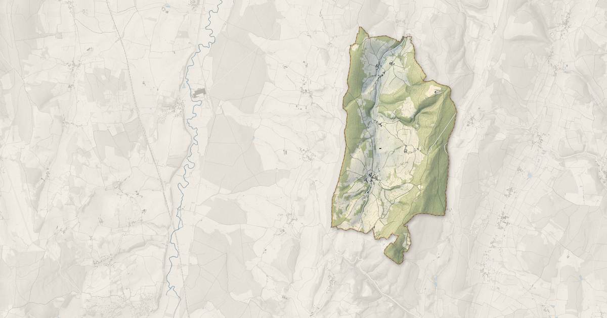Portrait cartographique de Blanot : relief, eau, forêts, bâti et voies, calculés à partir des données de l'IGN