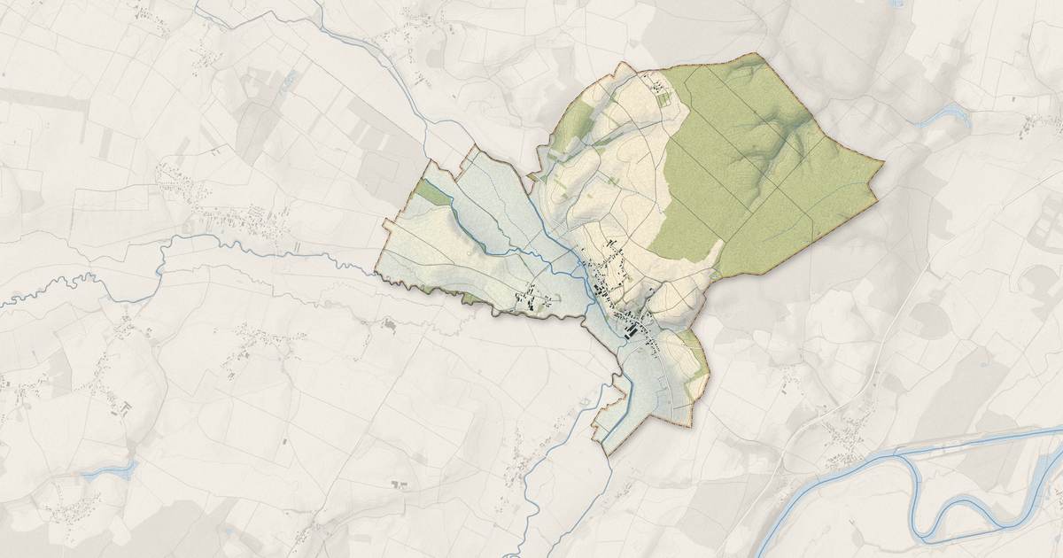 Portrait cartographique de Palleau : relief, eau, forêts, bâti et voies, calculés à partir des données de l'IGN