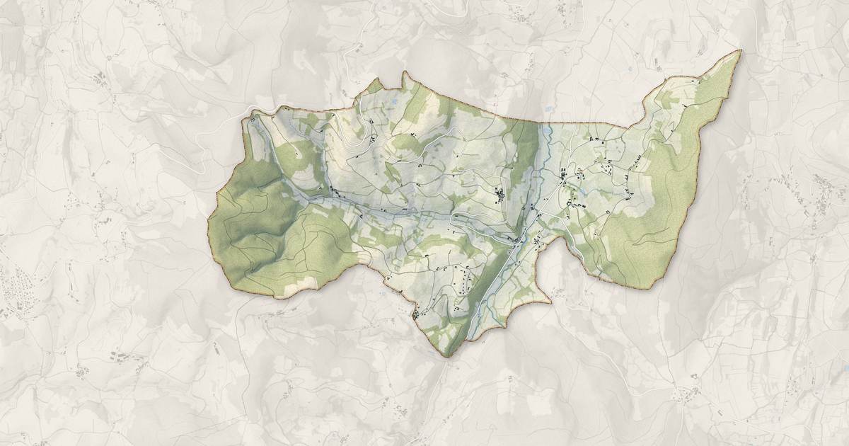 Portrait cartographique de Serrières : relief, eau, forêts, bâti et voies, calculés à partir des données de l'IGN