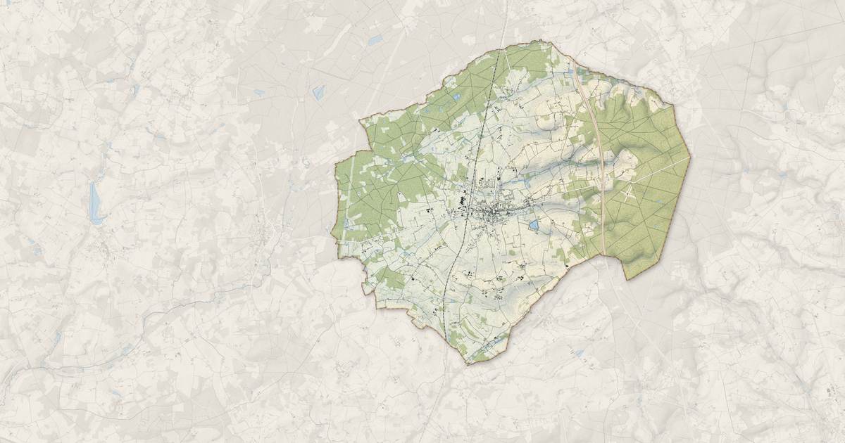 Portrait cartographique de Mayet : relief, eau, forêts, bâti et voies, calculés à partir des données de l'IGN