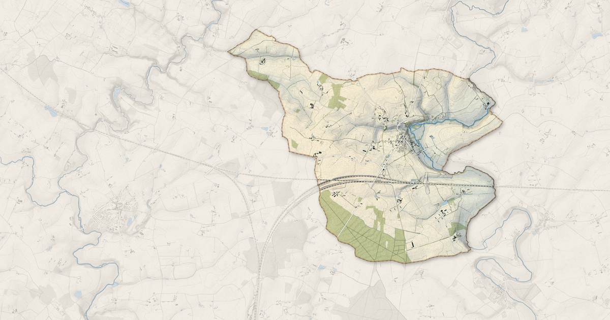 Portrait cartographique de Poillé-sur-Vègre : relief, eau, forêts, bâti et voies, calculés à partir des données de l'IGN