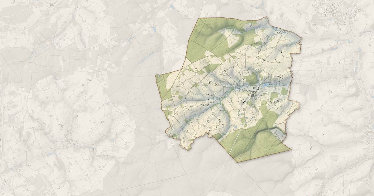 Portrait cartographique de Pruillé-l'Éguillé : relief, eau, forêts, bâti et voies, calculés à partir des données de l'IGN