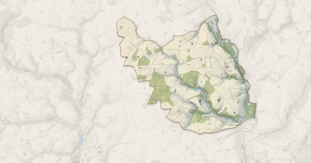 Portrait cartographique de Rahay : relief, eau, forêts, bâti et voies, calculés à partir des données de l'IGN