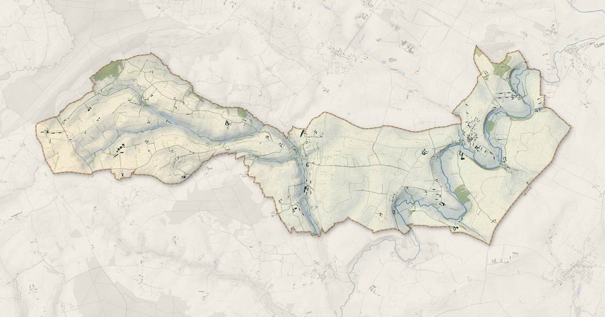 Portrait cartographique de Ruillé-en-Champagne : relief, eau, forêts, bâti et voies, calculés à partir des données de l'IGN
