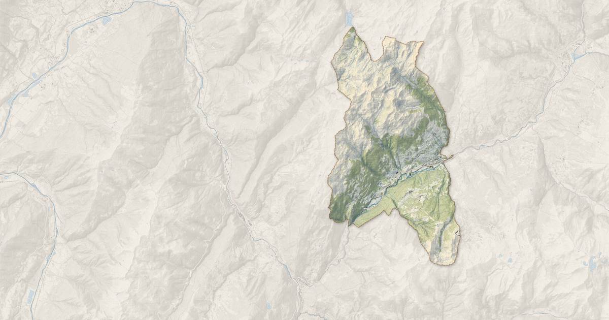 Portrait cartographique de Aime-la-Plagne : relief, eau, forêts, bâti et voies, calculés à partir des données de l'IGN