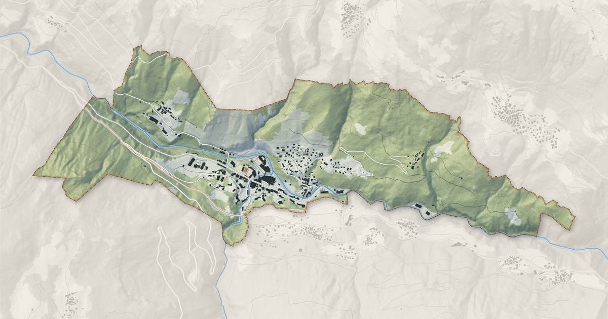 Portrait cartographique de Brides-les-Bains : relief, eau, forêts, bâti et voies, calculés à partir des données de l'IGN