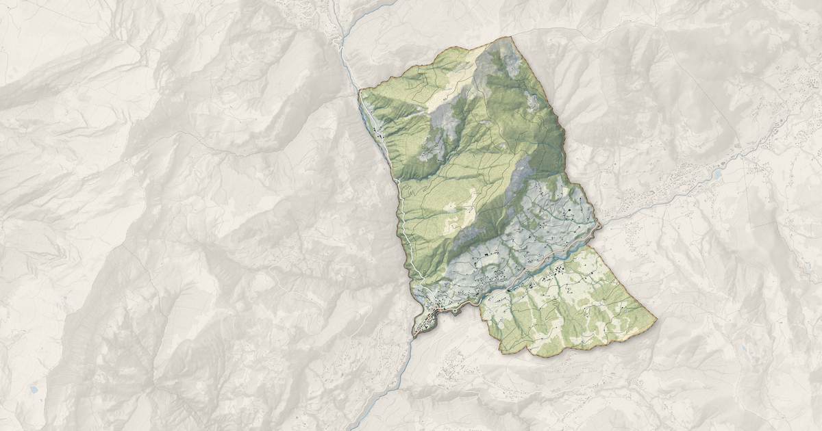 Portrait cartographique de Flumet : relief, eau, forêts, bâti et voies, calculés à partir des données de l'IGN