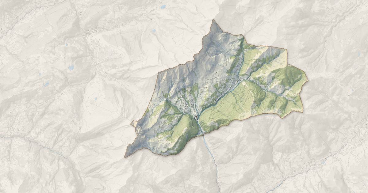 Portrait cartographique de La Giettaz : relief, eau, forêts, bâti et voies, calculés à partir des données de l'IGN