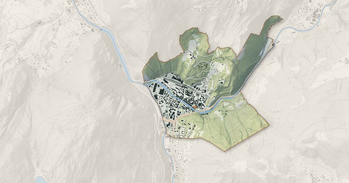 Portrait cartographique de Moûtiers : relief, eau, forêts, bâti et voies, calculés à partir des données de l'IGN