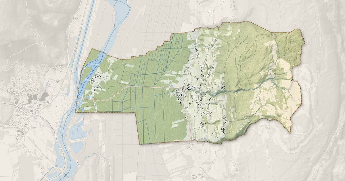 Portrait cartographique de Ruffieux : relief, eau, forêts, bâti et voies, calculés à partir des données de l'IGN