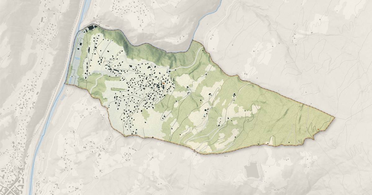 Portrait cartographique de Venthon : relief, eau, forêts, bâti et voies, calculés à partir des données de l'IGN