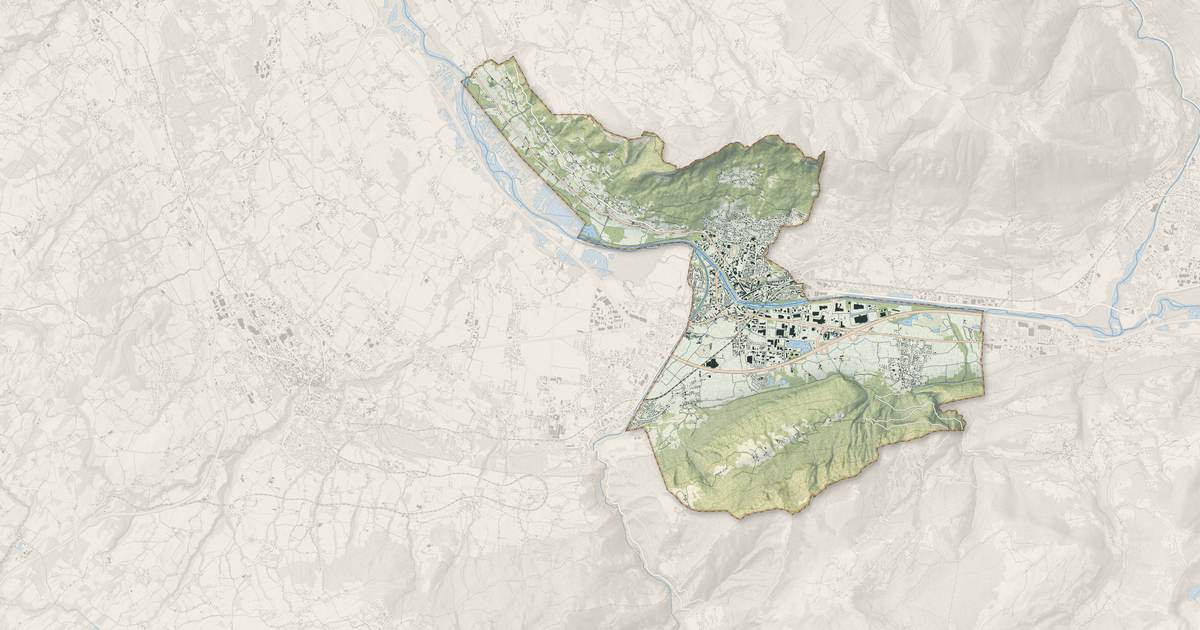 Portrait cartographique de Bonneville : relief, eau, forêts, bâti et voies, calculés à partir des données de l'IGN