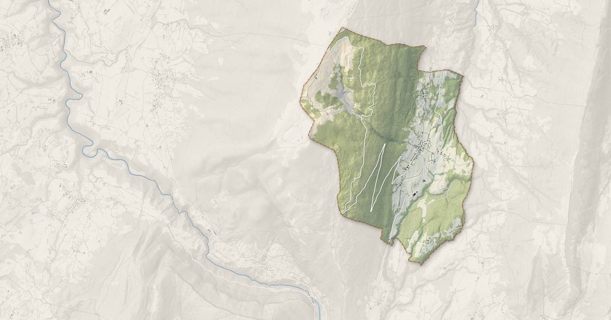 Portrait cartographique de Leschaux : relief, eau, forêts, bâti et voies, calculés à partir des données de l'IGN
