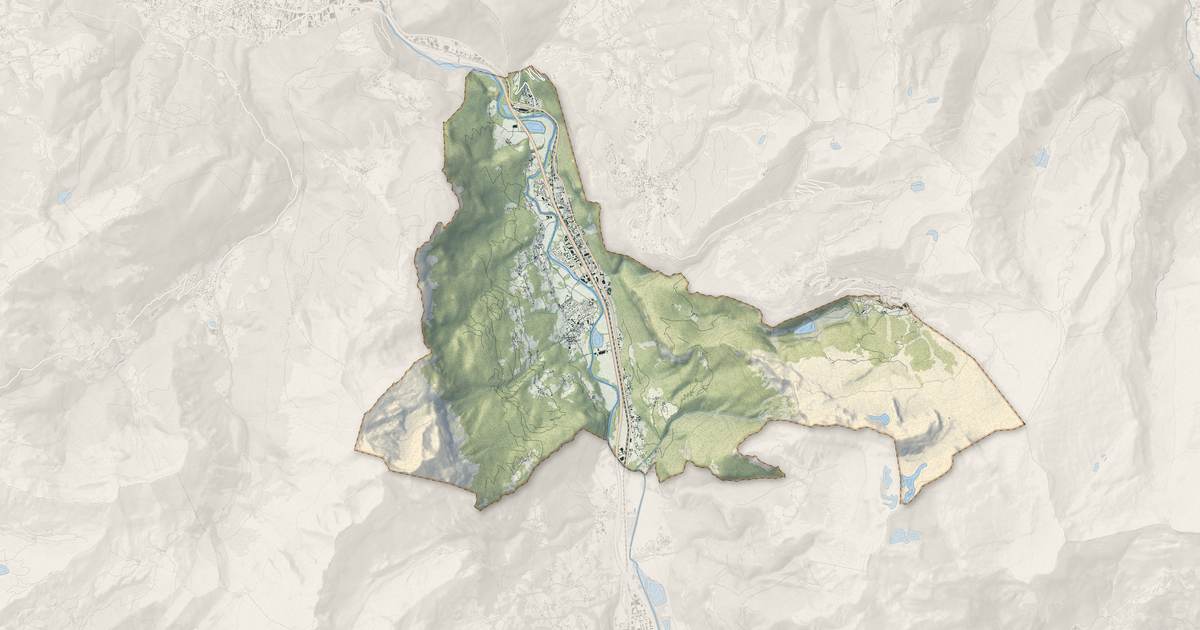 Portrait cartographique de Magland : relief, eau, forêts, bâti et voies, calculés à partir des données de l'IGN