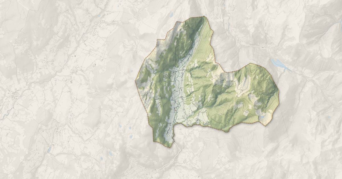 Portrait cartographique de Mégevette : relief, eau, forêts, bâti et voies, calculés à partir des données de l'IGN