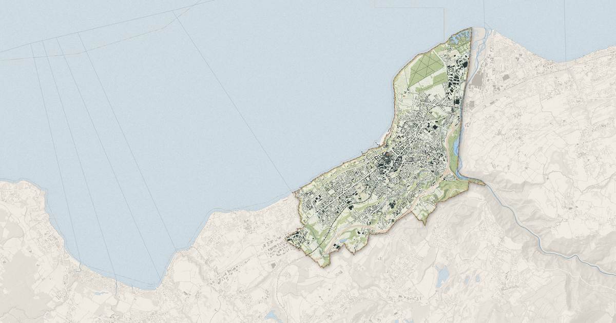 Portrait cartographique de Thonon-les-Bains : relief, eau, forêts, bâti et voies, calculés à partir des données de l'IGN