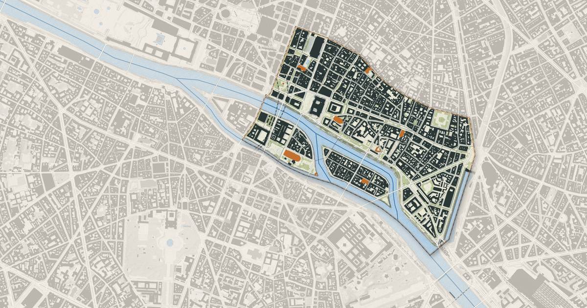 Portrait cartographique de Paris 4e Arrondissement : relief, eau, forêts, bâti et voies, calculés à partir des données de l'IGN