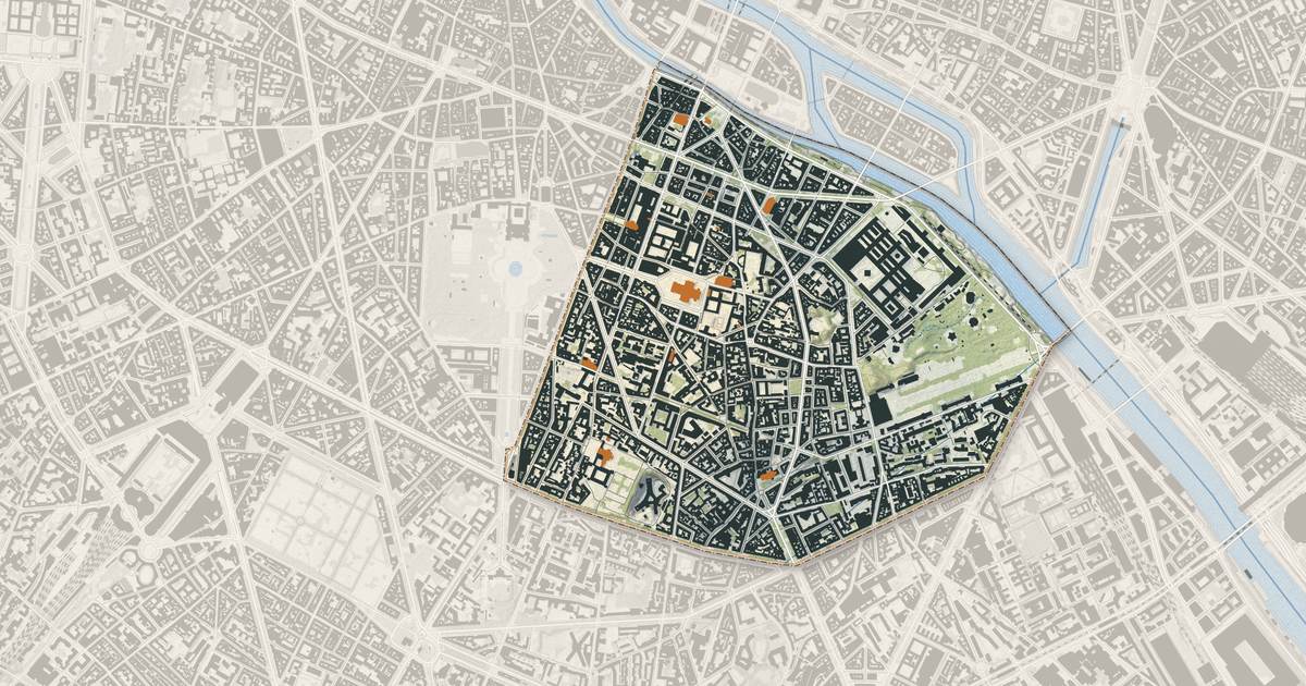 Portrait cartographique de Paris 5e Arrondissement : relief, eau, forêts, bâti et voies, calculés à partir des données de l'IGN