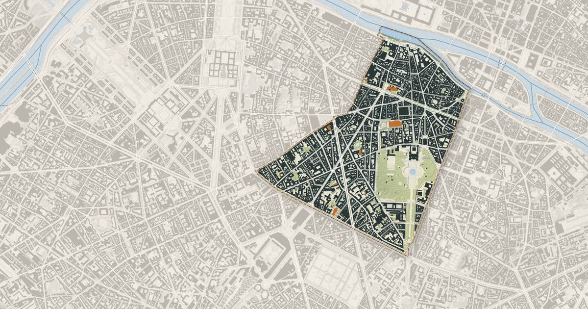 Portrait cartographique de Paris 6e Arrondissement : relief, eau, forêts, bâti et voies, calculés à partir des données de l'IGN