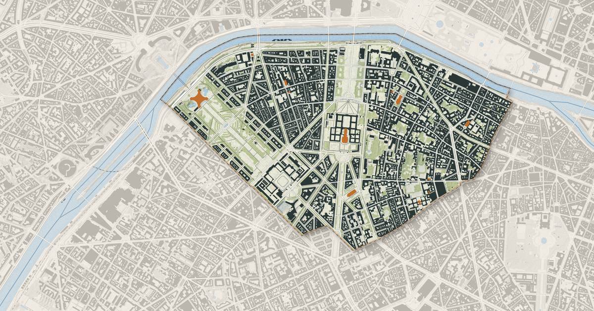 Portrait cartographique de Paris 7e Arrondissement : relief, eau, forêts, bâti et voies, calculés à partir des données de l'IGN