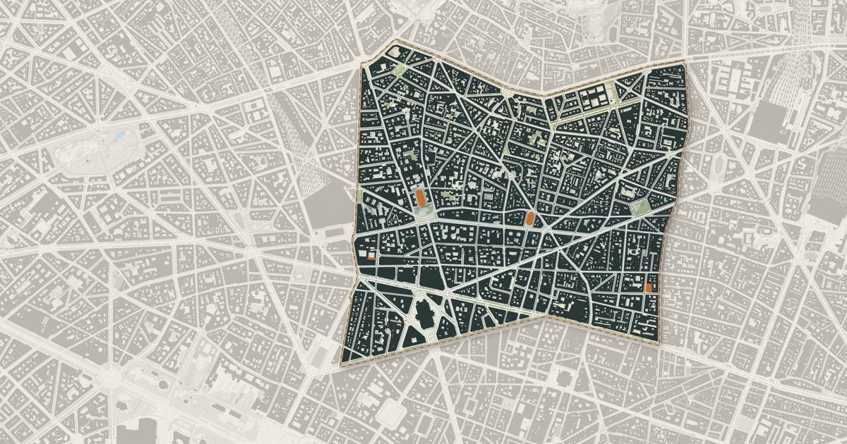 Portrait cartographique de Paris 9e Arrondissement : relief, eau, forêts, bâti et voies, calculés à partir des données de l'IGN
