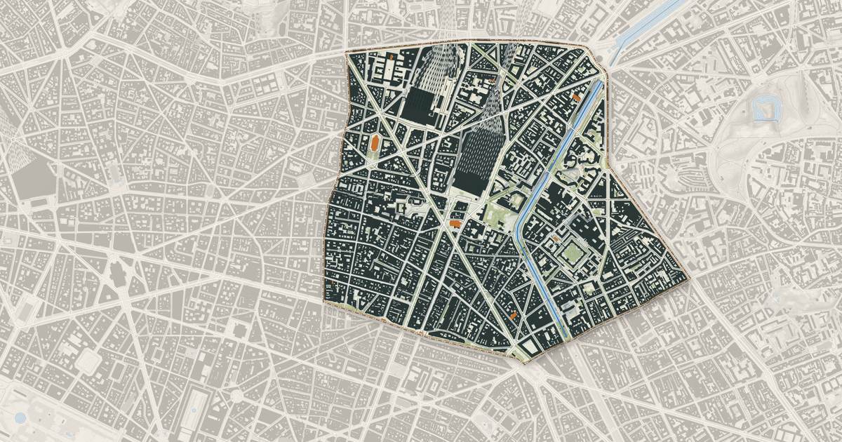 Portrait cartographique de Paris 10e Arrondissement : relief, eau, forêts, bâti et voies, calculés à partir des données de l'IGN