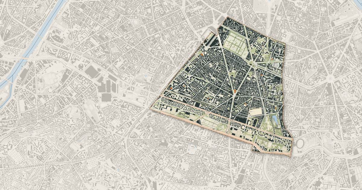 Portrait cartographique de Paris 14e Arrondissement : relief, eau, forêts, bâti et voies, calculés à partir des données de l'IGN