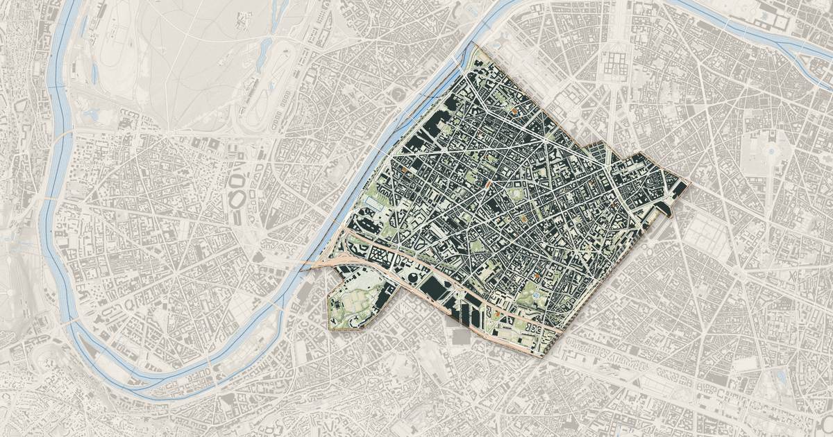 Portrait cartographique de Paris 15e Arrondissement : relief, eau, forêts, bâti et voies, calculés à partir des données de l'IGN