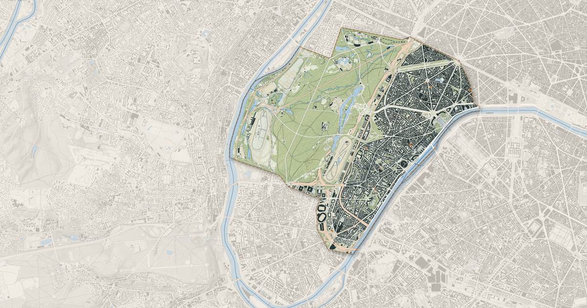 Portrait cartographique de Paris 16e Arrondissement : relief, eau, forêts, bâti et voies, calculés à partir des données de l'IGN
