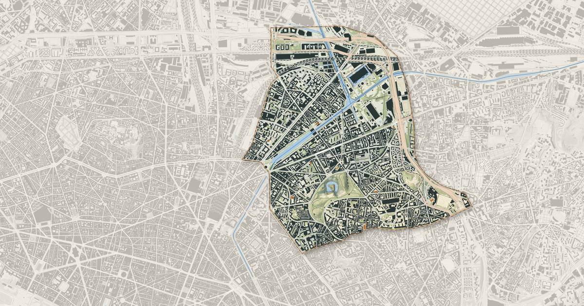 Portrait cartographique de Paris 19e Arrondissement : relief, eau, forêts, bâti et voies, calculés à partir des données de l'IGN