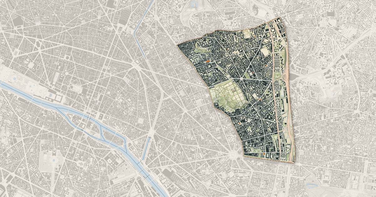 Portrait cartographique de Paris 20e Arrondissement : relief, eau, forêts, bâti et voies, calculés à partir des données de l'IGN