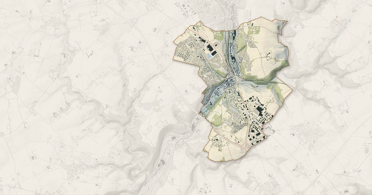 Portrait cartographique de Barentin : relief, eau, forêts, bâti et voies, calculés à partir des données de l'IGN