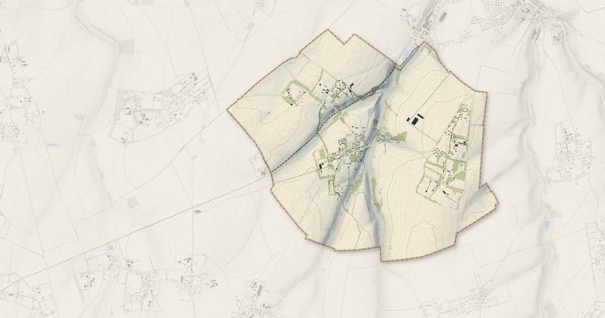 Portrait cartographique de Bourville : relief, eau, forêts, bâti et voies, calculés à partir des données de l'IGN