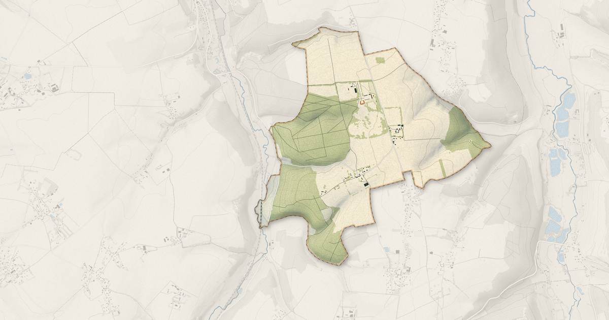Portrait cartographique de Les Cent-Acres : relief, eau, forêts, bâti et voies, calculés à partir des données de l'IGN