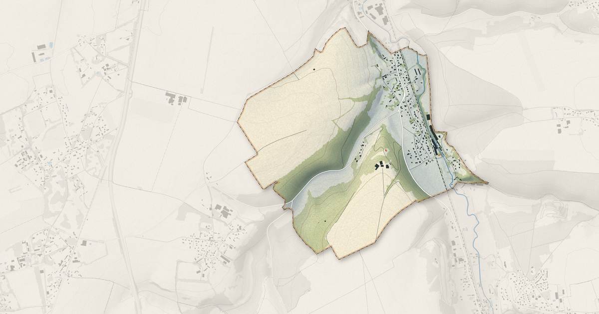 Portrait cartographique de Dénestanville : relief, eau, forêts, bâti et voies, calculés à partir des données de l'IGN