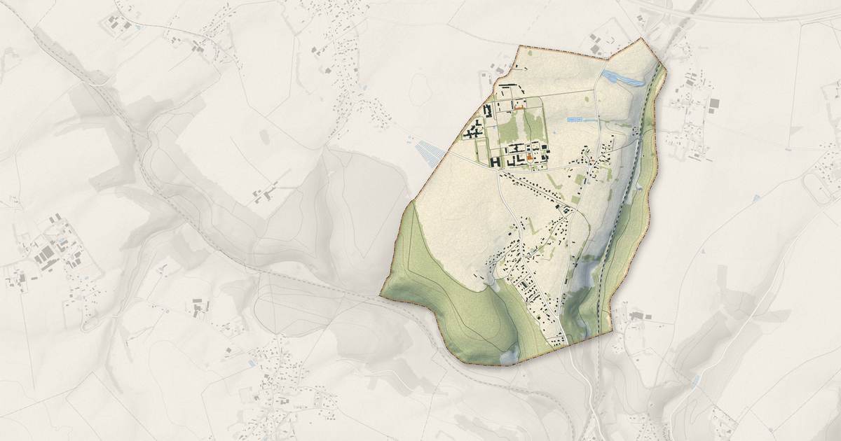 Portrait cartographique de Grugny : relief, eau, forêts, bâti et voies, calculés à partir des données de l'IGN