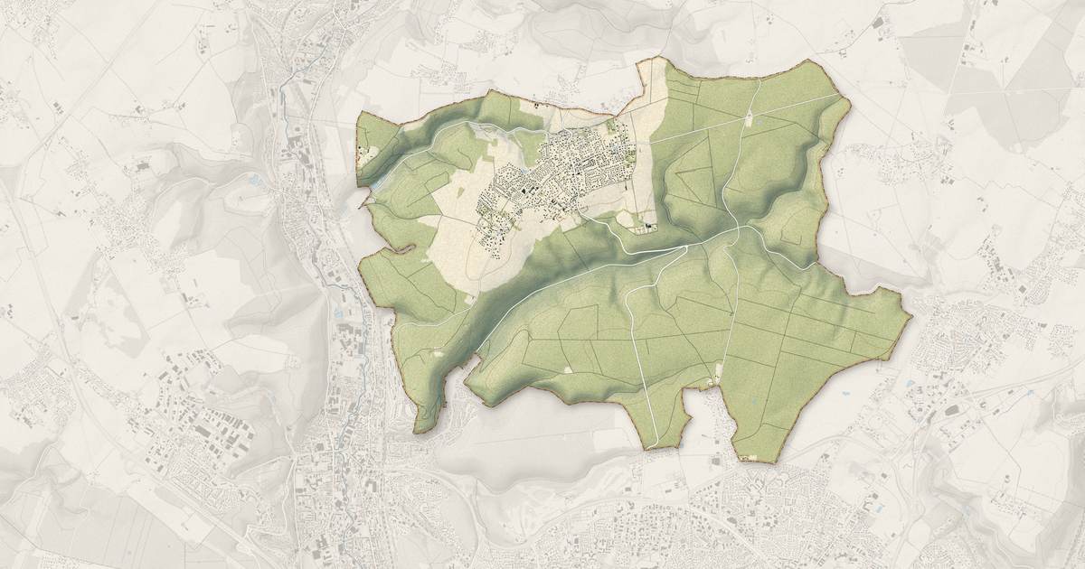 Portrait cartographique de Houppeville : relief, eau, forêts, bâti et voies, calculés à partir des données de l'IGN