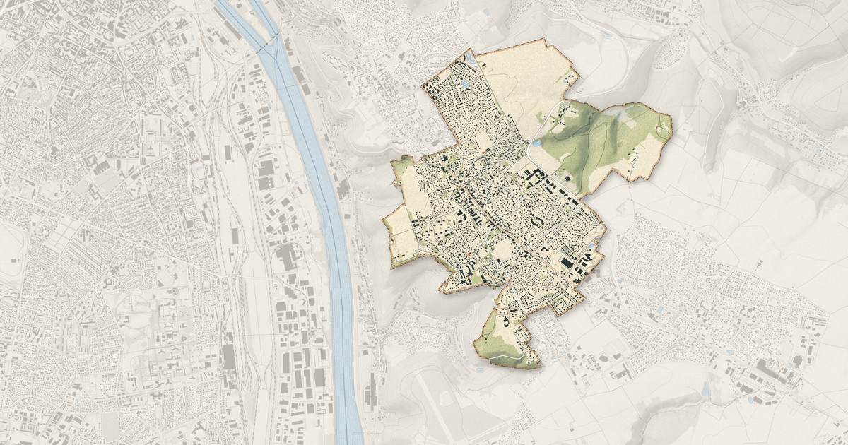Portrait cartographique de Le Mesnil-Esnard : relief, eau, forêts, bâti et voies, calculés à partir des données de l'IGN