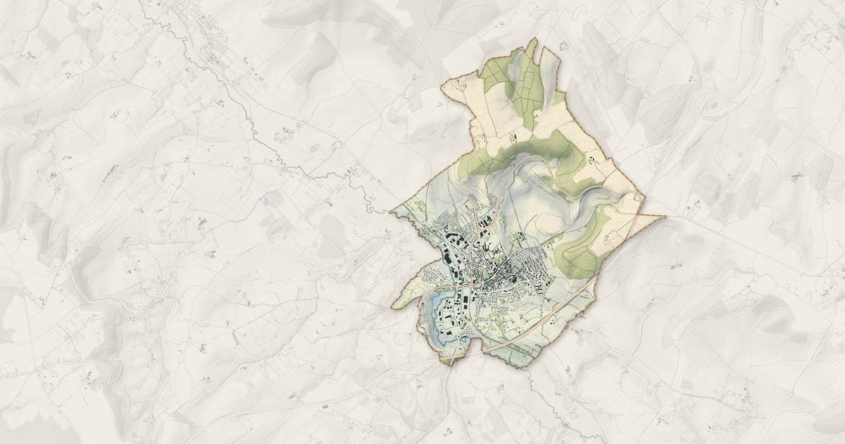 Portrait cartographique de Neufchâtel-en-Bray : relief, eau, forêts, bâti et voies, calculés à partir des données de l'IGN