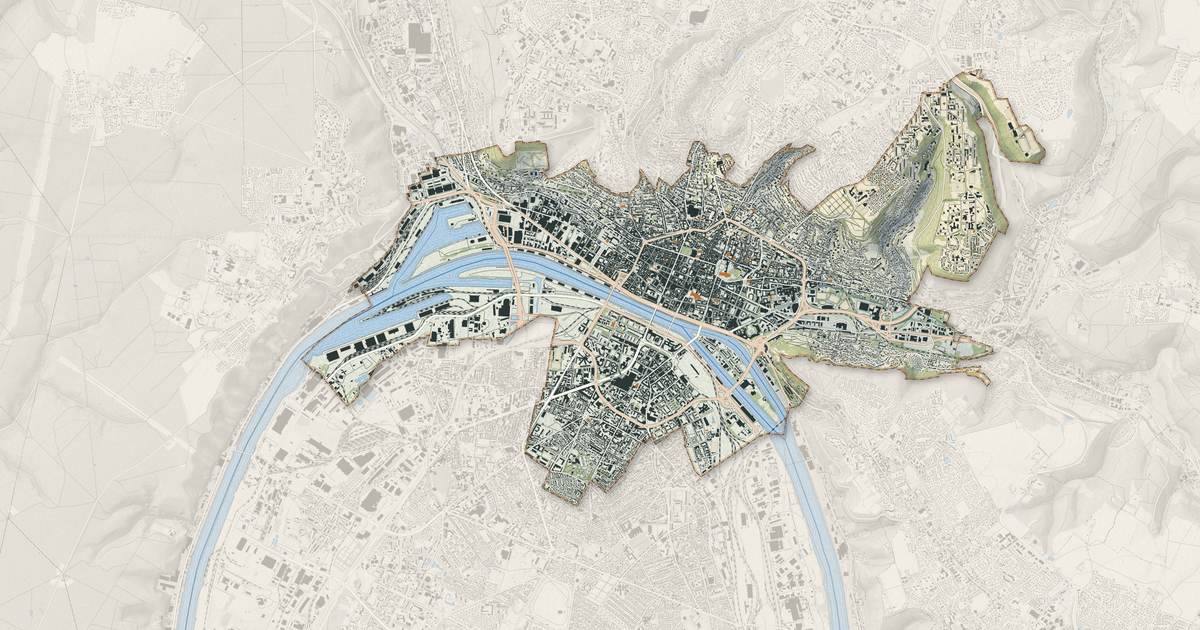 Portrait cartographique de Rouen : relief, eau, forêts, bâti et voies, calculés à partir des données de l'IGN