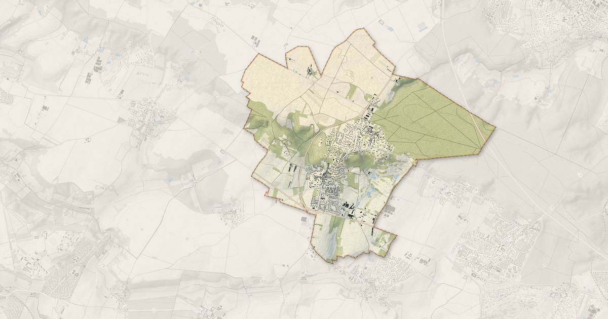 Portrait cartographique de Feucherolles : relief, eau, forêts, bâti et voies, calculés à partir des données de l'IGN
