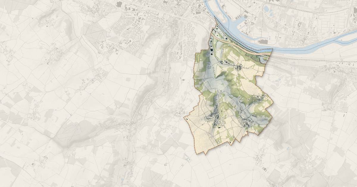 Portrait cartographique de Guerville : relief, eau, forêts, bâti et voies, calculés à partir des données de l'IGN