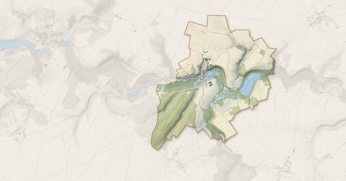 Portrait cartographique de Guerbigny : relief, eau, forêts, bâti et voies, calculés à partir des données de l'IGN