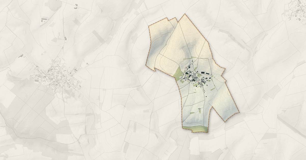 Portrait cartographique de Harponville : relief, eau, forêts, bâti et voies, calculés à partir des données de l'IGN