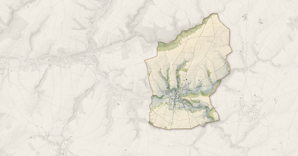 Portrait cartographique de Naours : relief, eau, forêts, bâti et voies, calculés à partir des données de l'IGN