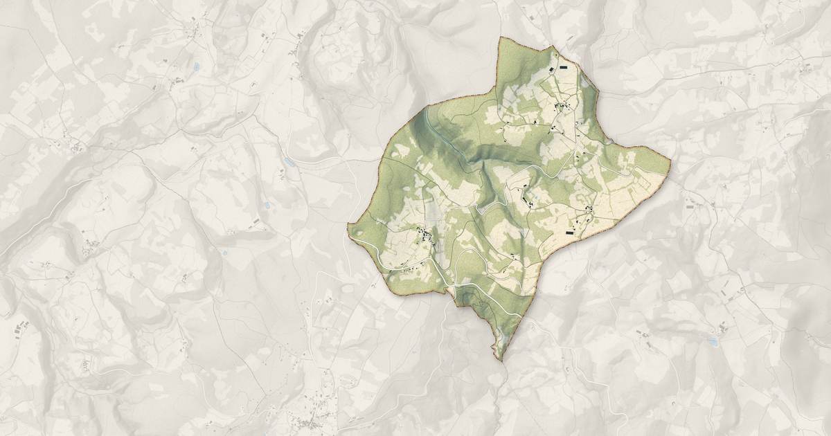 Portrait cartographique de Roussayrolles : relief, eau, forêts, bâti et voies, calculés à partir des données de l'IGN