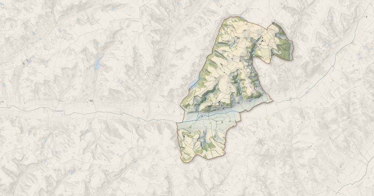 Portrait cartographique de Montjoi : relief, eau, forêts, bâti et voies, calculés à partir des données de l'IGN